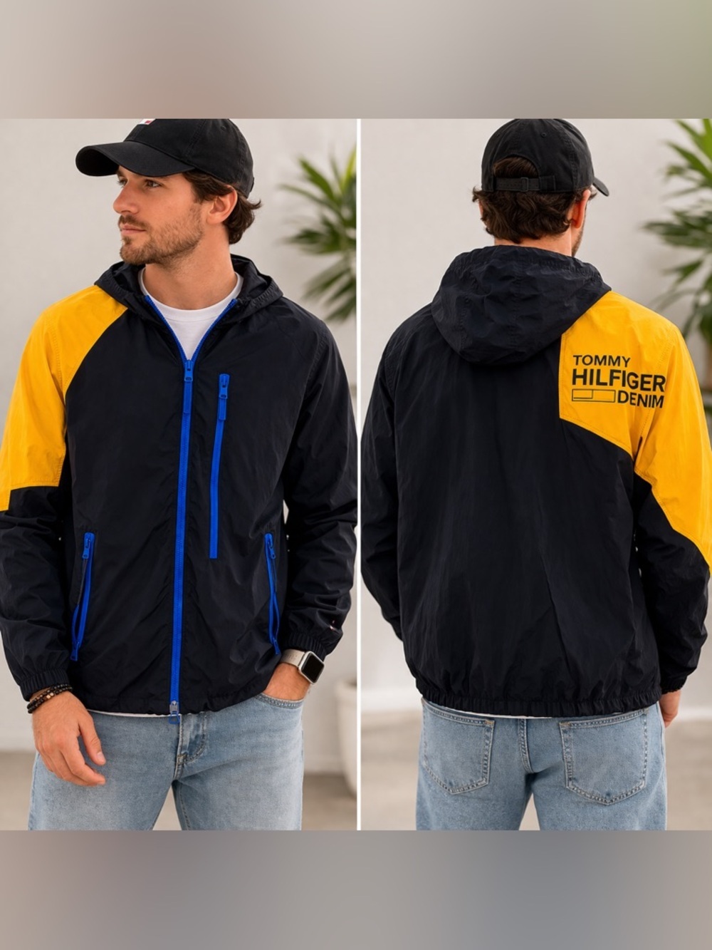 Tommy Hilfiger Denim Colorblock Windbreaker Jacket Men’s Large Hooded Logo